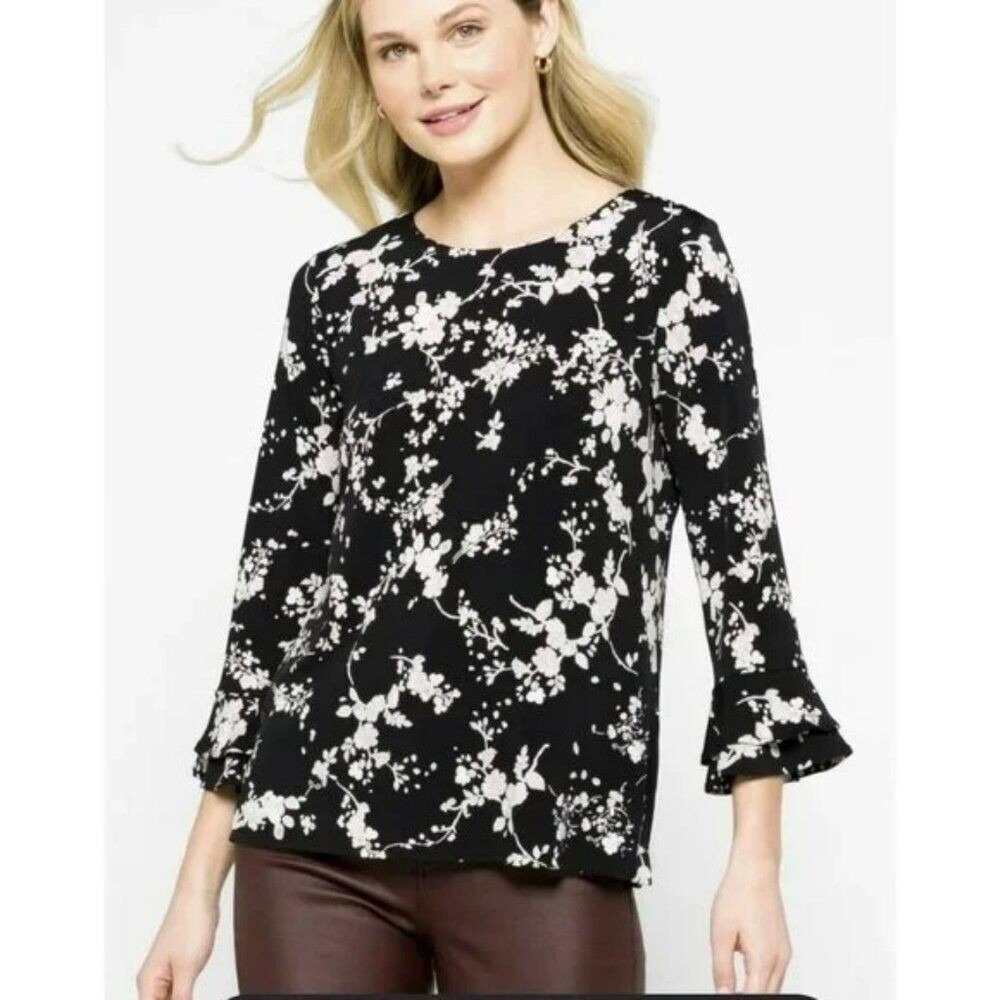 Karl Lagerfeld Paris Yessie Women's Trumpet Sleeve Blouse Black Pink Floral 2X